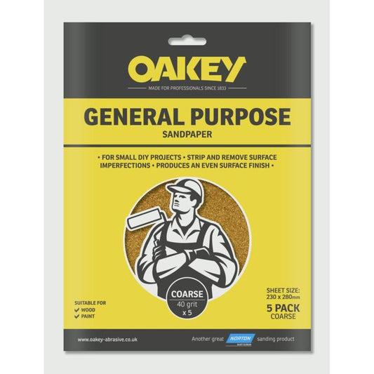 Oakey papier abrasif à usage général, paquet de 5, grossier 280 x 230 mm