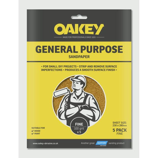 Oakey Papel de lija de uso general, paquete de 5 finos, 280 x 230 mm