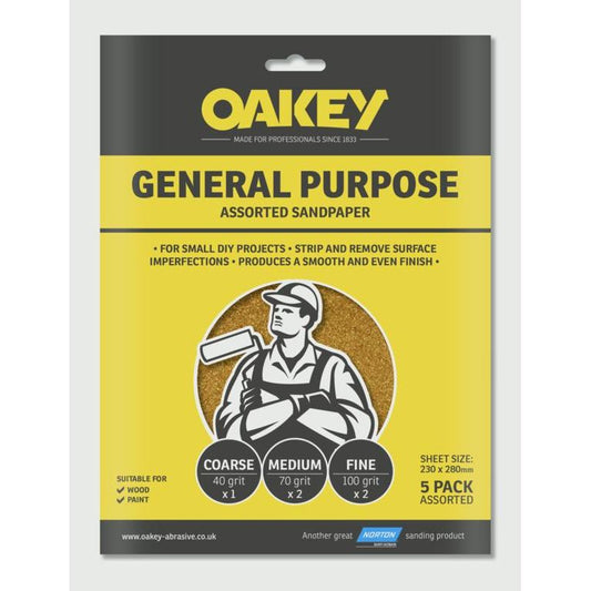 Oakey papier de verre à usage général, paquet de 5 assortis - (1 x C, 2 x M, 2 x F) 280 x 230 mm