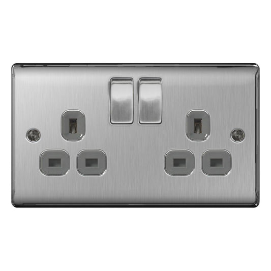 BG 13a 2 Gang Switch Socket Brushed Steel With Grey Inserts
