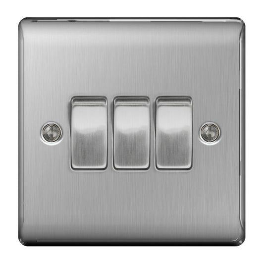 BG Brushed Steel 10ax Plate Switch 2 Way 3 Gang