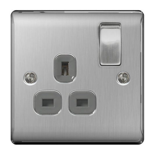 NEXUS Brushed Steel Switched Socket 13a Black Inset 1 Gang