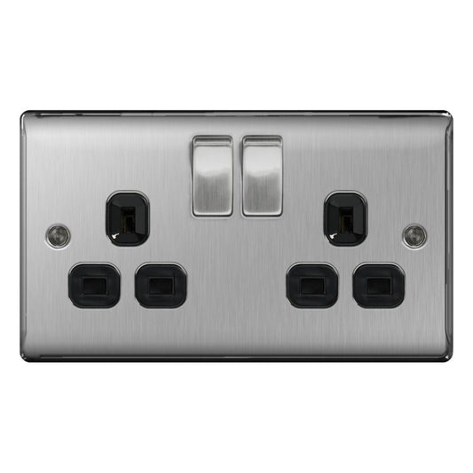 BG 13a 2 Gang Switch Socket Brushed Steel With Black Inserts