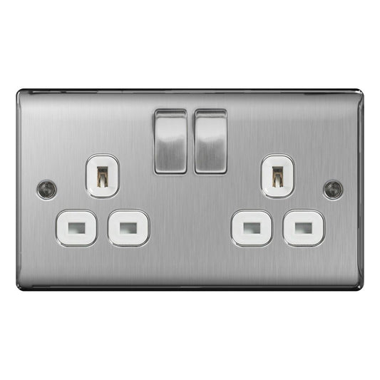 BG 13a 2 Gang Switch Socket Brushed Steel With White Inserts