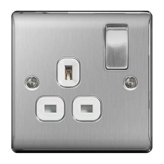 NEXUS Brushed Steel Switched Socket 13a White Inset 1 Gang