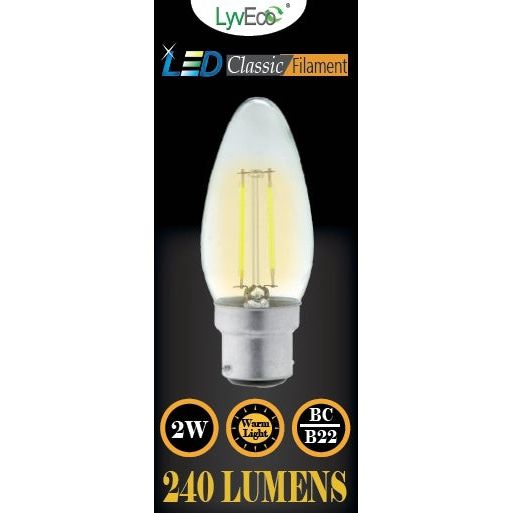 Lyveco BC Clear LED 2 Filament 240 Lumens Bougie 2700K 2 Watt
