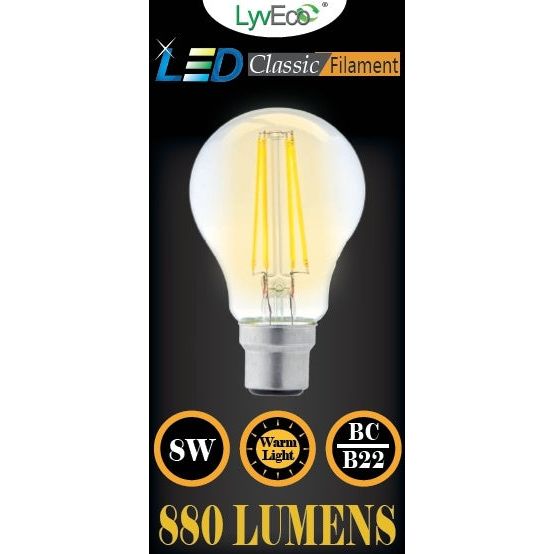 Lyveco BC Clear LED 8 Filament 880 Lumens Gls Dimmable 2700K 8 Watt