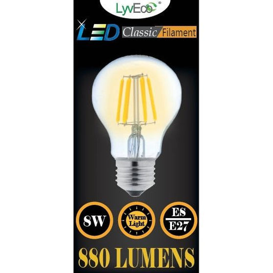 Lyveco ES LED transparente 8 filaments 880 lumens GLS 2700K 8 watts