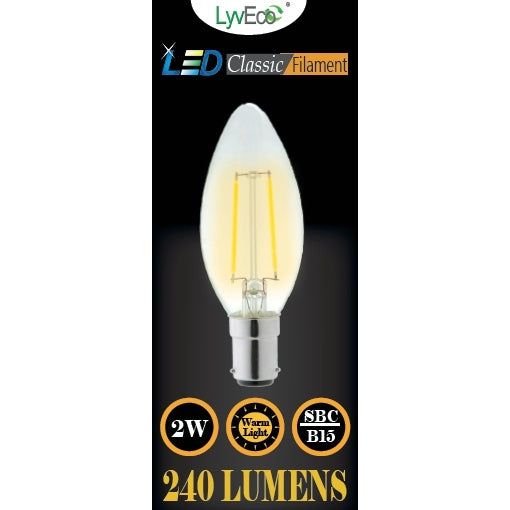 Lyveco SBC Clear LED 2 Filament 240 Lumens Bougie 2700K 2 Watt