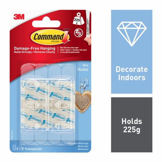 CommandTM Mini Clear Hooks with Clear Strips 6 Hooks, 8 Small Strips