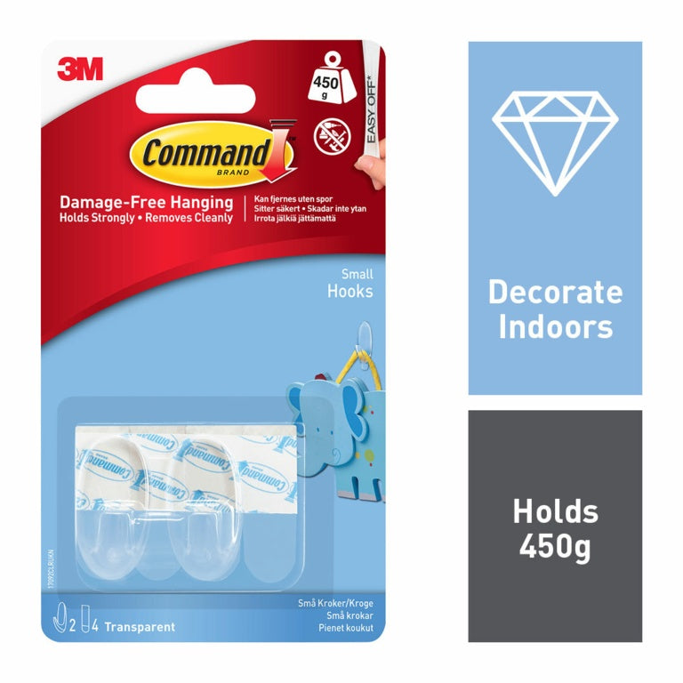 CommandTM Small Clear Hooks with Clear Strips 2 Small Hooks, 4 Small Strips