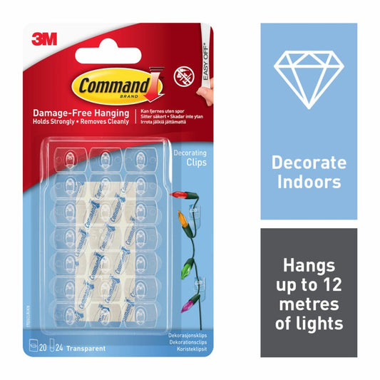 CommandTM Clips decorativos transparentes con tiras transparentes 20 clips, 24 minitiras